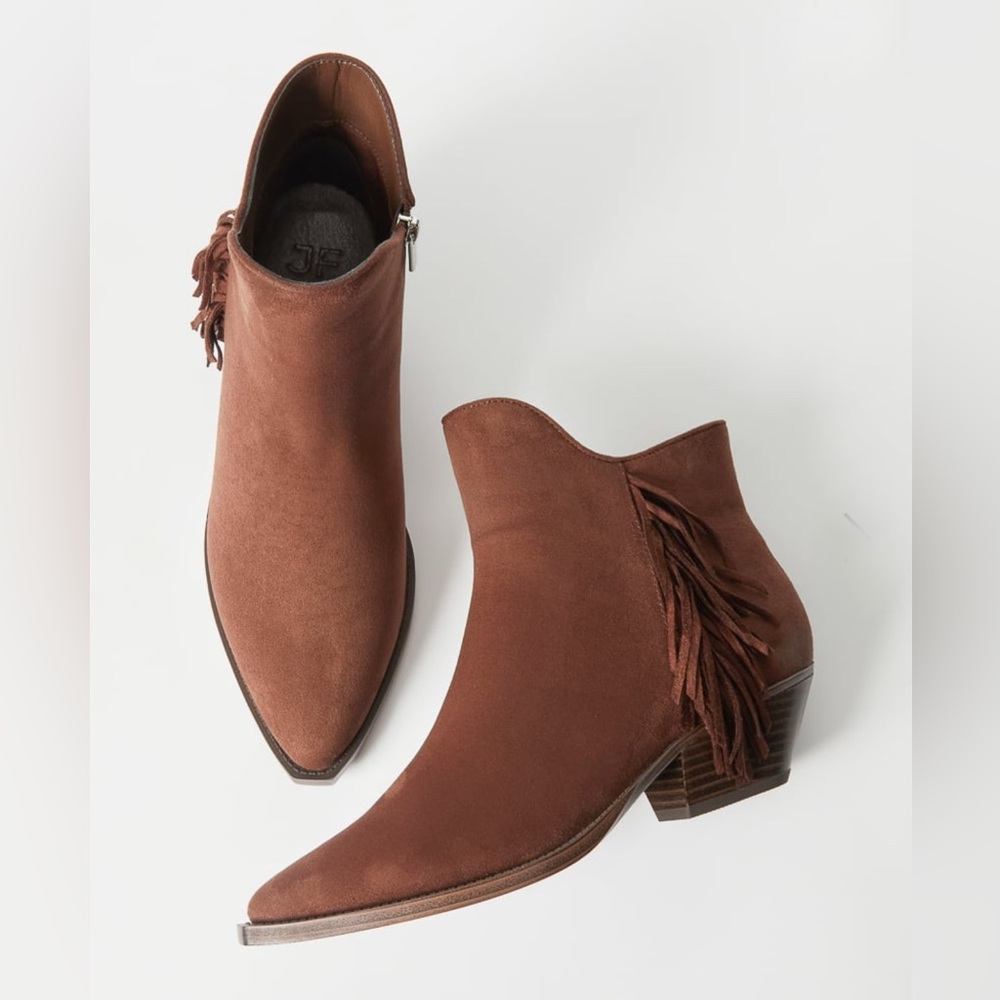 Pointed Toe Western Tassel Booties in Chocolate Lab Brown Faux Suede